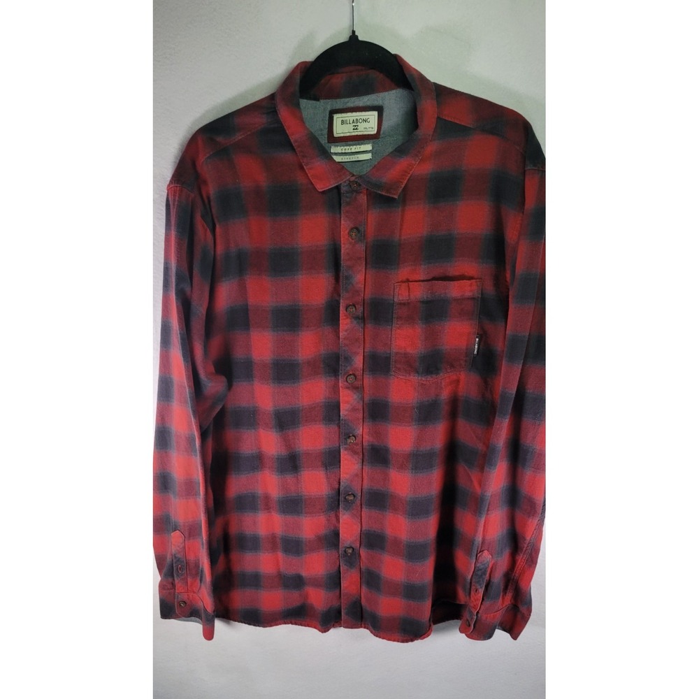 Billabong Core Fit Stretch Mens XXL Red Black Plaid Flannel Button Up Shirt
